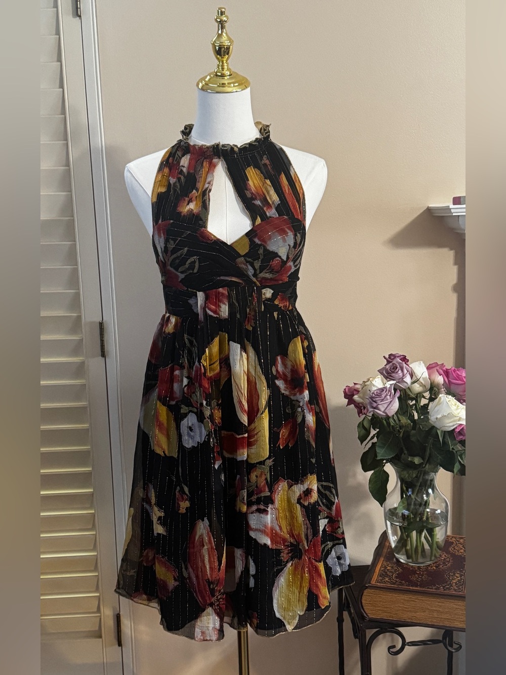 Anthropologie Black Halter Midi Dress with Red and Yellow Floral Print